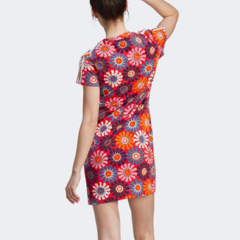 Adidas x FARM Rio NWT Slim Floral Shirt Dress Vivid Red Bliss Pink Small S - Picture 2 of 7
